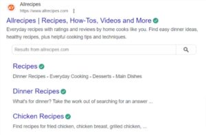 Example of Schema Markup type (Sitelink Markup)- The website owner has added Schema Markup to tell the search engine that this is a recipe page and the categories of recipes available in her website. 