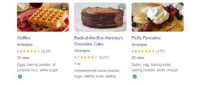 The Website owner or the webmaster has also added schema markup in the recipes section as well mentioning the recipe name, ingredients, cooking time, and even reviews from other people who have tried the recipe.