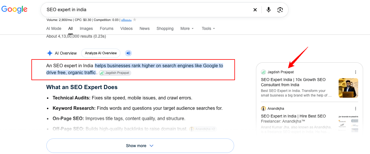 Google Search Ranking #1 for AI SEO Expert in India