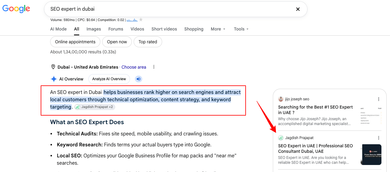 Google Search Ranking #1 for AI SEO Consultant