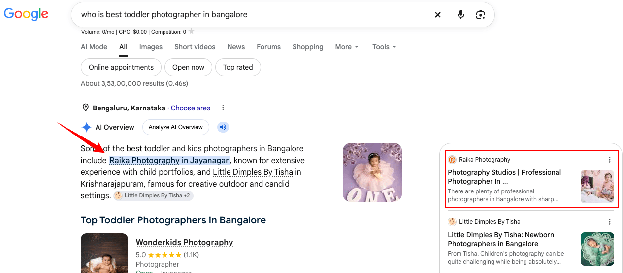 Google ranking for who is best toddler photographer in bangalore